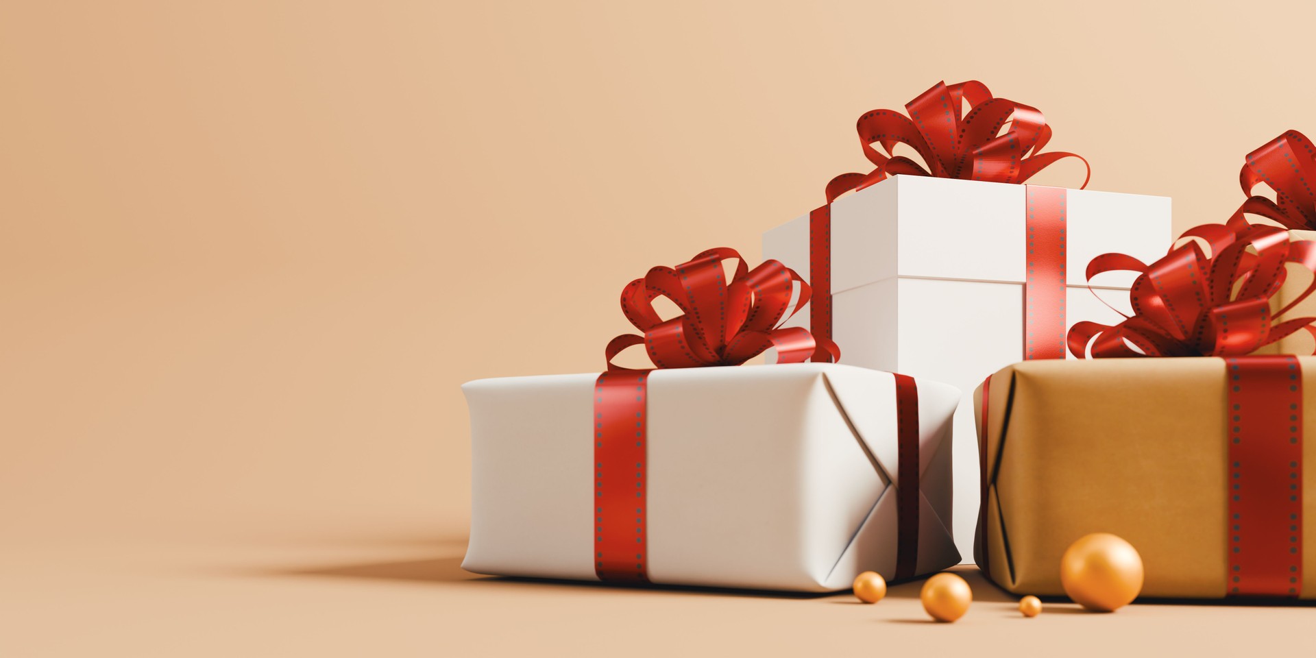 Festive Christmas Gift Boxes with Red Ribbons on a Warm Background. 3d rendering